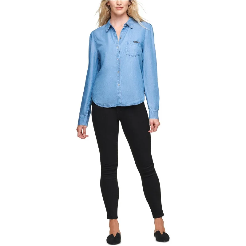 DKNY Womens Denim Button Up Shirt, Blue, X-Small