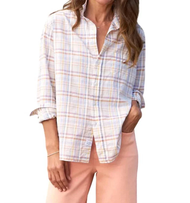 Eileen Button Up Shirt In Sand/purple Plaid