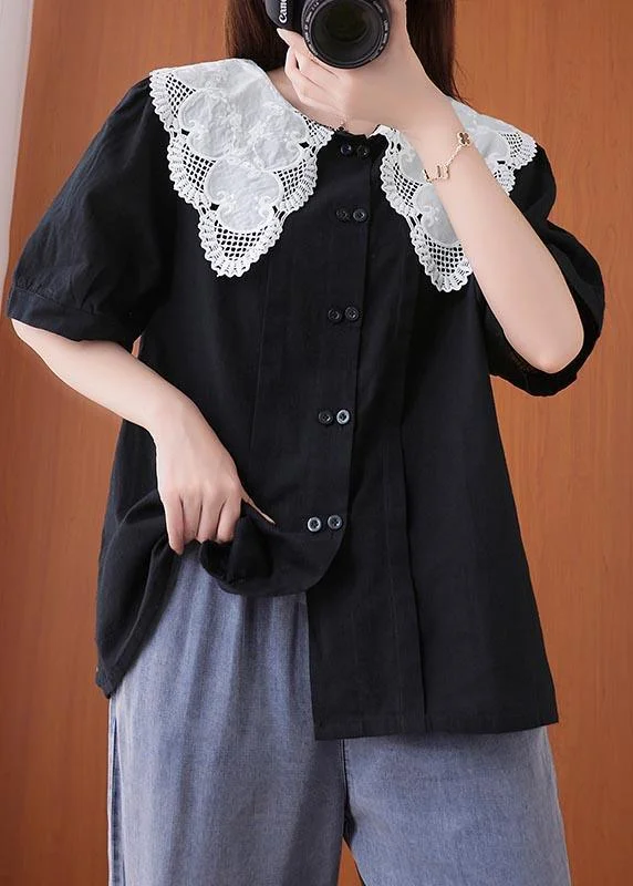 French Black Patchwork Lace Cotton Linen Shirt Top Summer