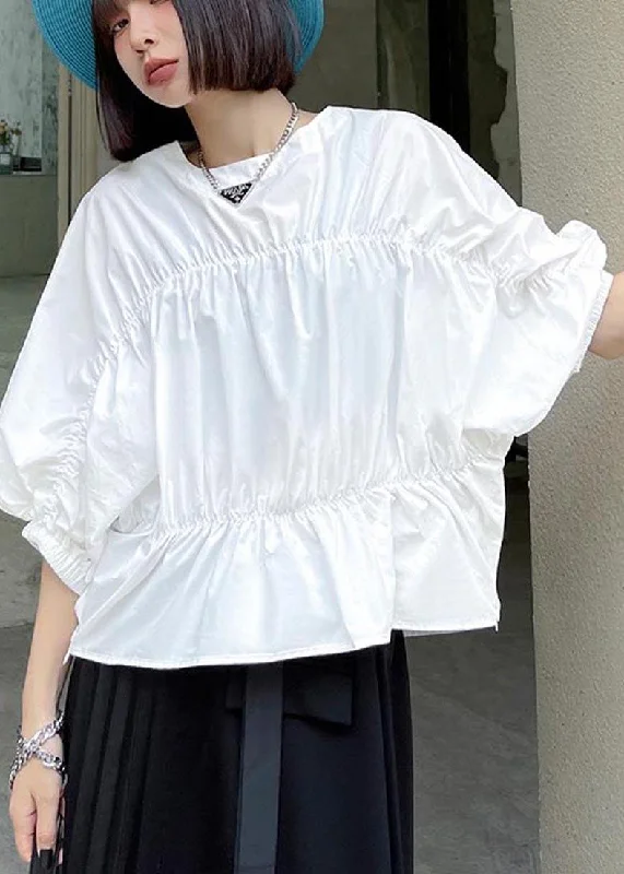 French White Cinched Batwing Sleeve Shirts Summer