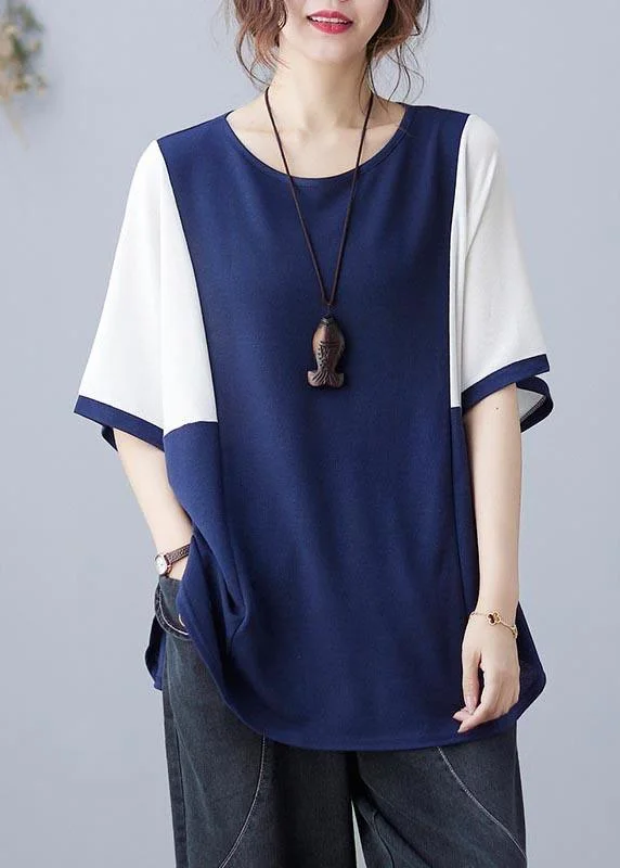 Handmade Blue Patchwork Batwing Sleeve Shirt Top Summer