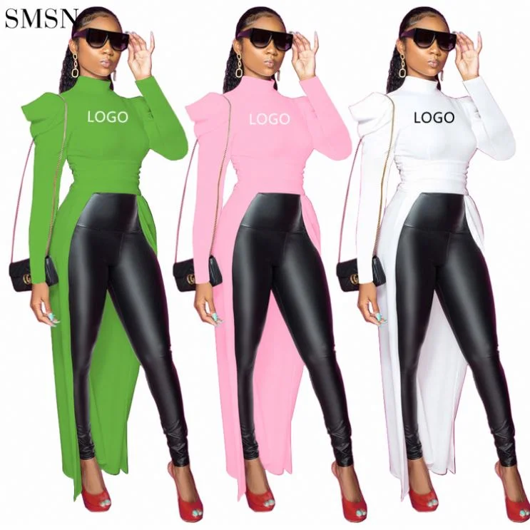 Hot Selling Solid Color Round Neck Pleated Club Style Loose Long Sleeve T Shirt Tops For Women 2021