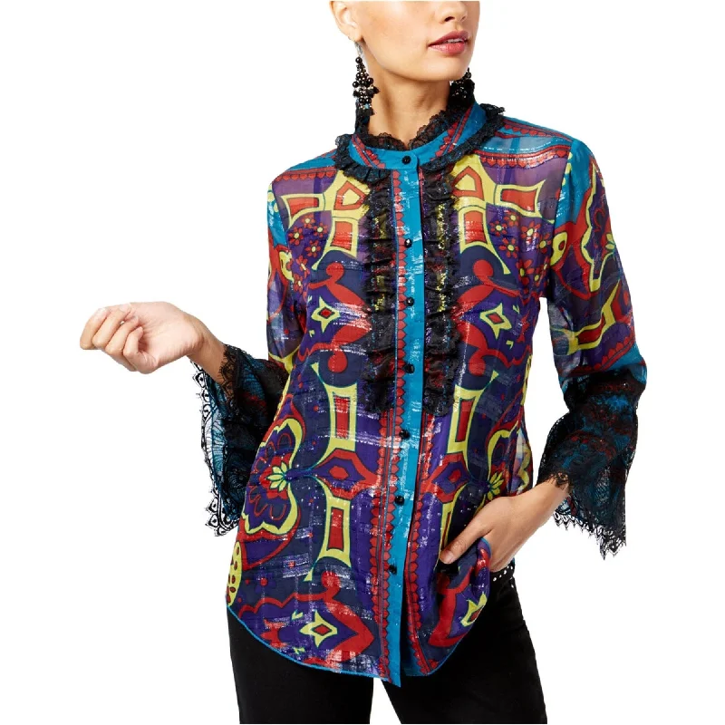 I-N-C Womens Silk Ruffled Button Up Shirt, Multicoloured, Small