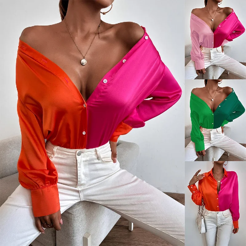 J&H 2023 new arrivals hot sale satin two tone shirts long sleeve button down silk top women high quality boutique clothes