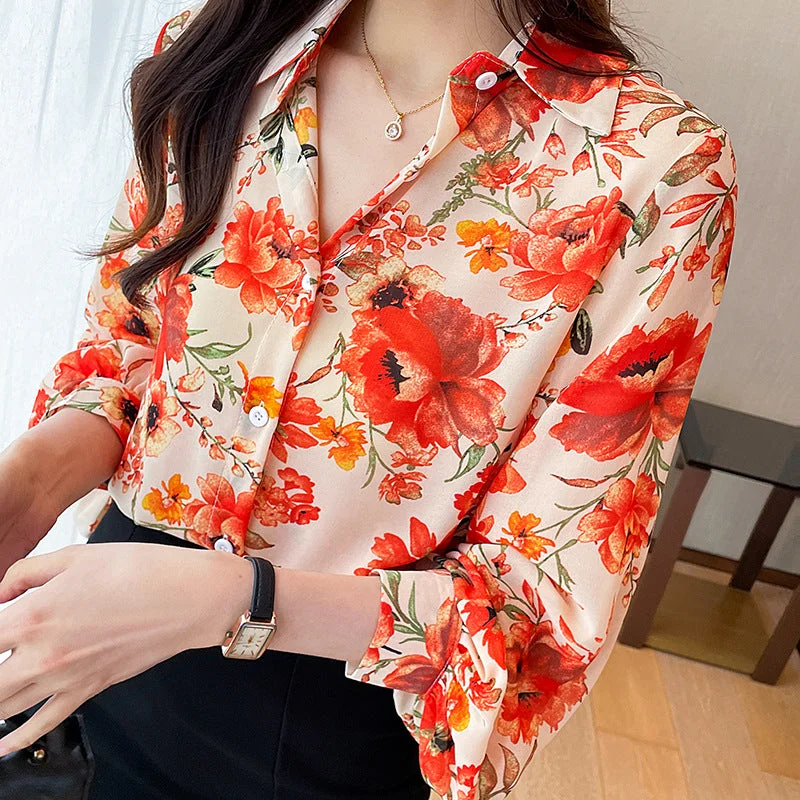 New Chic Ladies Shirts Fashion Red Floral Printing Women Blouses 2022 Spring Autumn Causal Long Sleeve Blouses Mujer Blusas