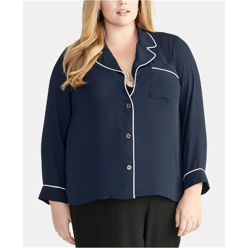 Rachel Roy Womens Piped Trim Button Up Shirt, Blue, 2X