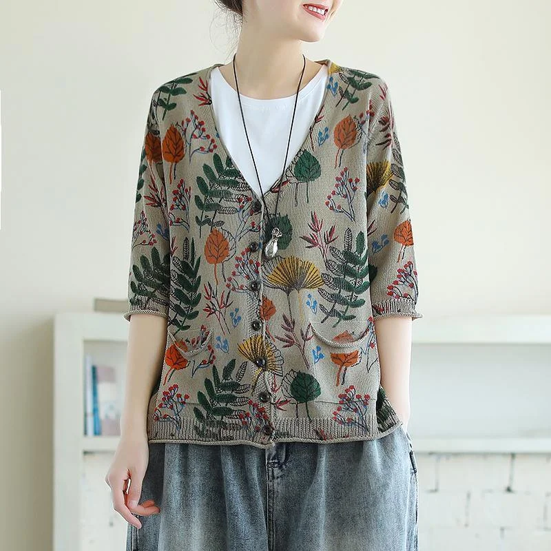 Leaf Print Half Sleeve Women Knit Shirt Top