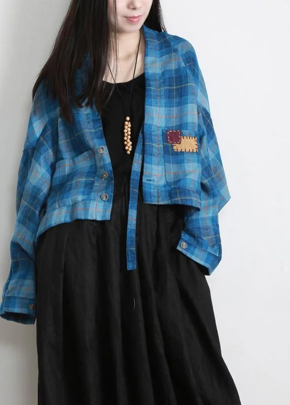 Vintage Blue Plaid Batwing Sleeve Linen Summer Shirt Tops