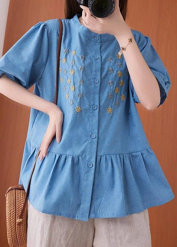 Women Blue Embroideried O-Neck Cotton Summer Shirts