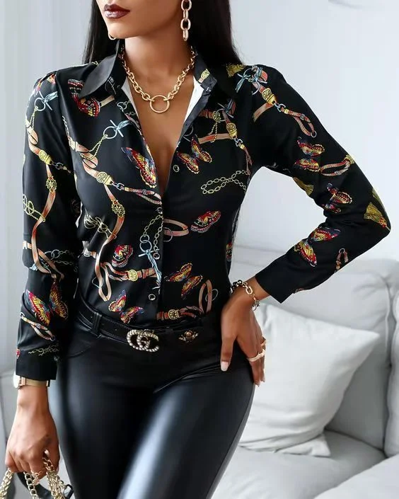 Z79661 Spring stylish Casual Print long Sleeve shirts women  Buckle Turndown Collar Tops