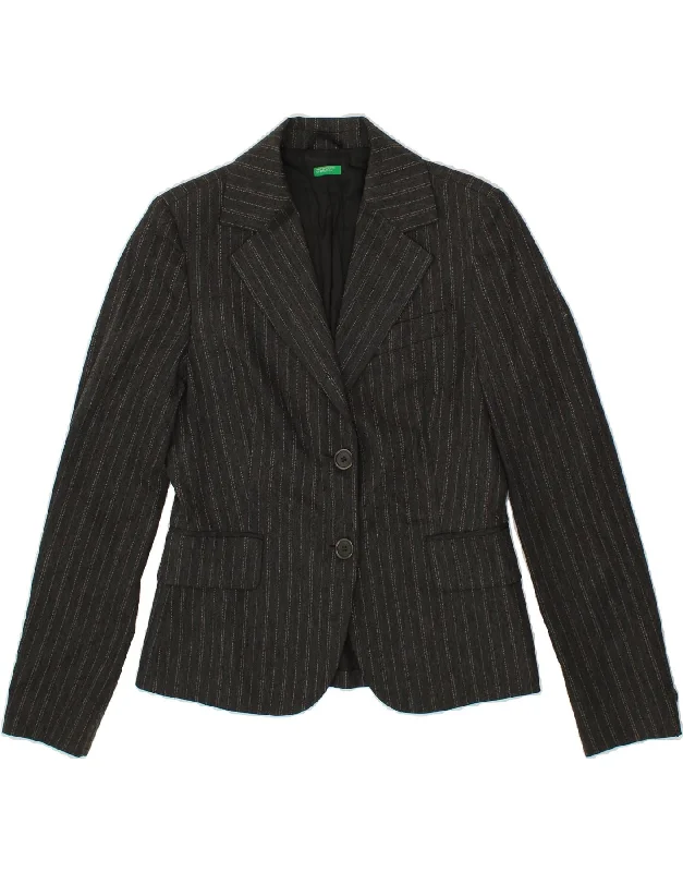 BENETTON Womens 2 Button Blazer Jacket IT 42 Medium Black Striped Viscose