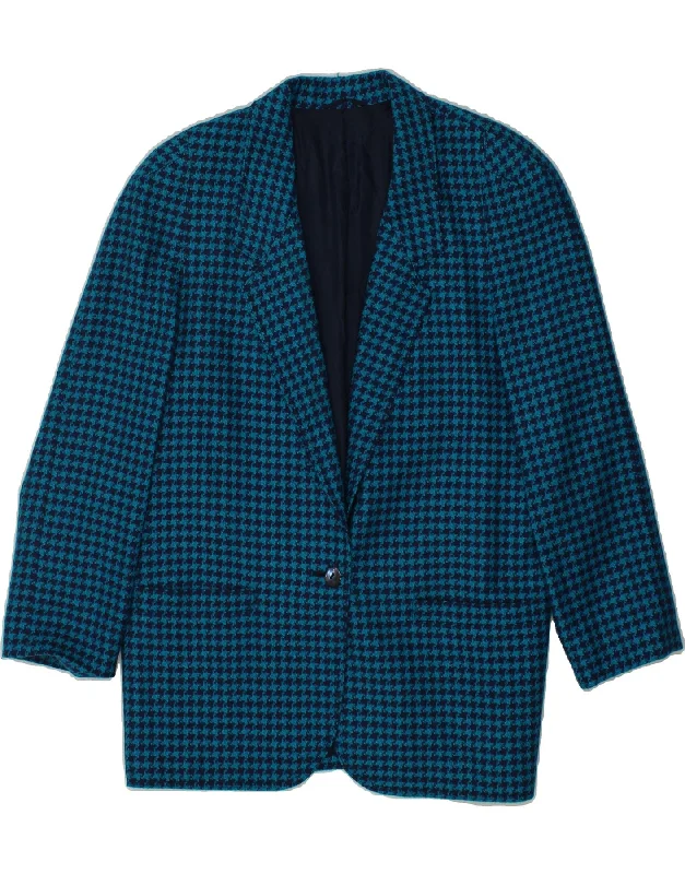 VINTAGE Womens Blazer Jacket UK 12 Medium Blue Houndstooth New Wool