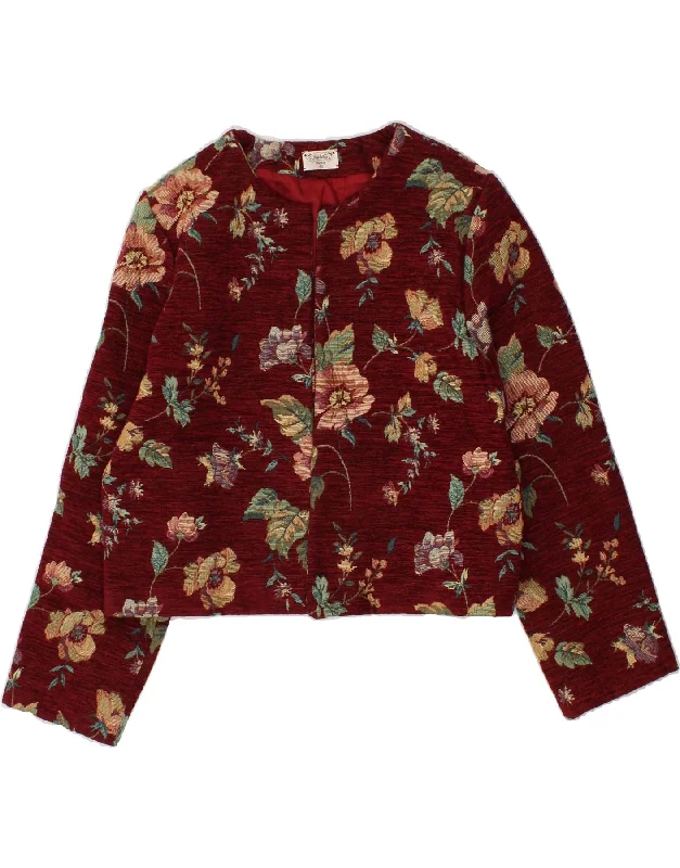 VINTAGE Womens Crop Blazer Jacket IT 42 Medium Maroon Floral Polyester