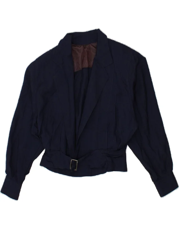 VINTAGE Womens Crop Blazer Jacket UK 14 Large Navy Blue