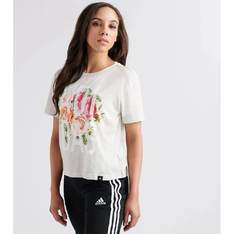 Adidas Women's Floral Essentials Logo T-Shirt Beige Size Extra Large - X-Large