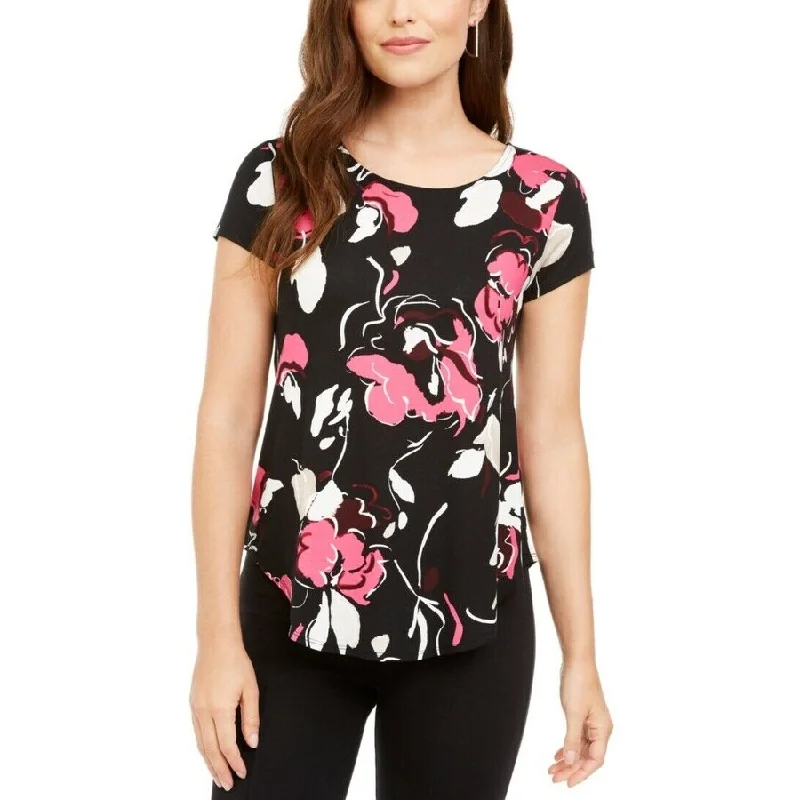 Alfani Women's Floral-Print T-Shirt Black Size Medium