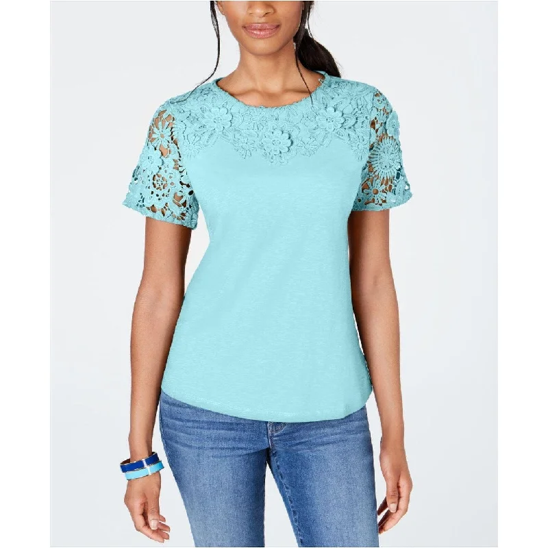 Charter Club Women's Cotton Lace-Embellished T-Shirt Aqua Size Extra Small - X-Small