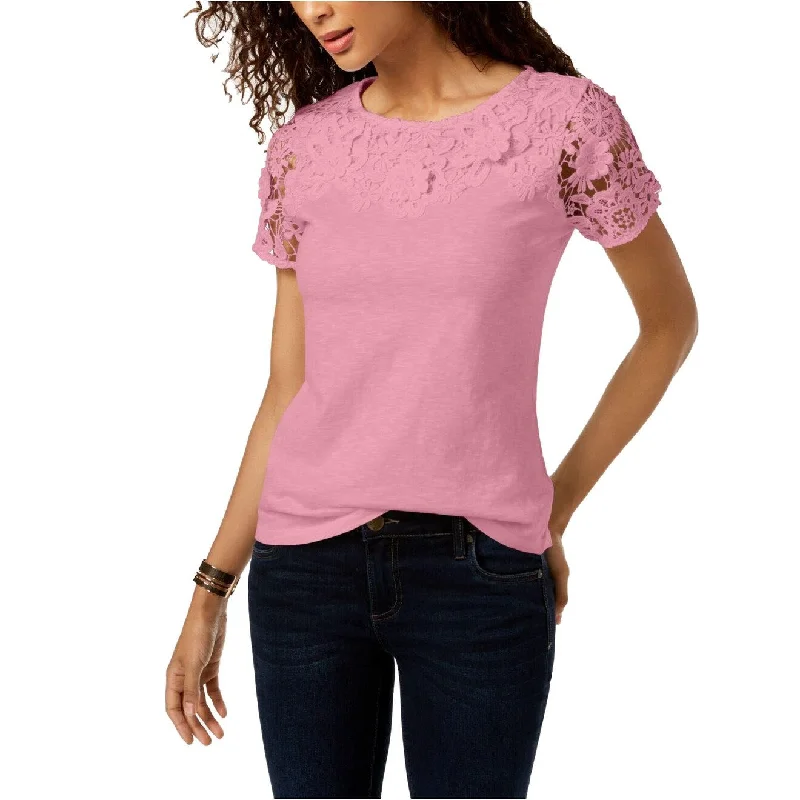 Charter Club Women's Cotton Lace-Embellished T-Shirt Light Peony Size Small - Pink