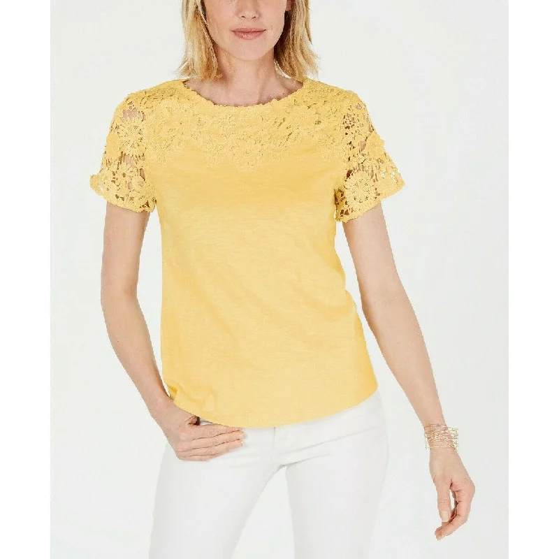 Charter Club Women's Petite Cotton Lace-Embellished T-Shirt Yellow Size Large