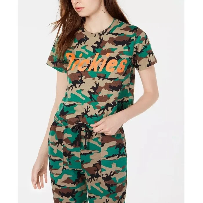 Dickies Women's Cotton Logo Camouflage-Print T-Shirt Green Size Small