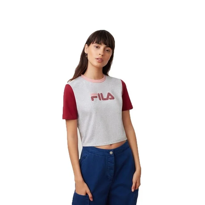 Fila Women's Logo Colorblocked Fitted Cropped T-Shirt Grey Size Large