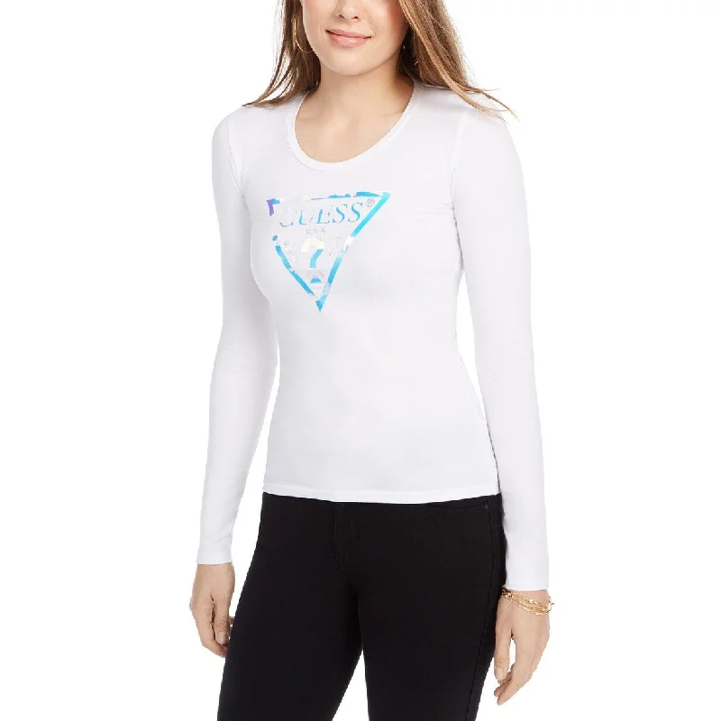 Guess Women's Metallic Logo Long-Sleeve Graphic T-Shirt White Size Extra Large