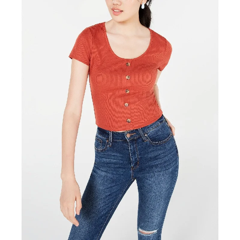 Hippie Rose Juniors' Button-Front Rib-Knit T-Shirt Red Size Large