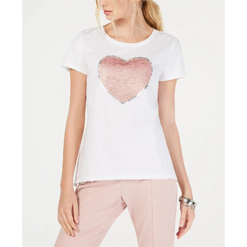 INC International Concepts Women's INC Reversible Sequin Heart T-Shirt White Size Medium