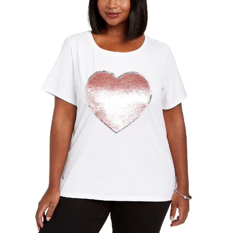 INC International Concepts Women's Plus Cotton Sequin-Heart T-Shirt White Size 1X