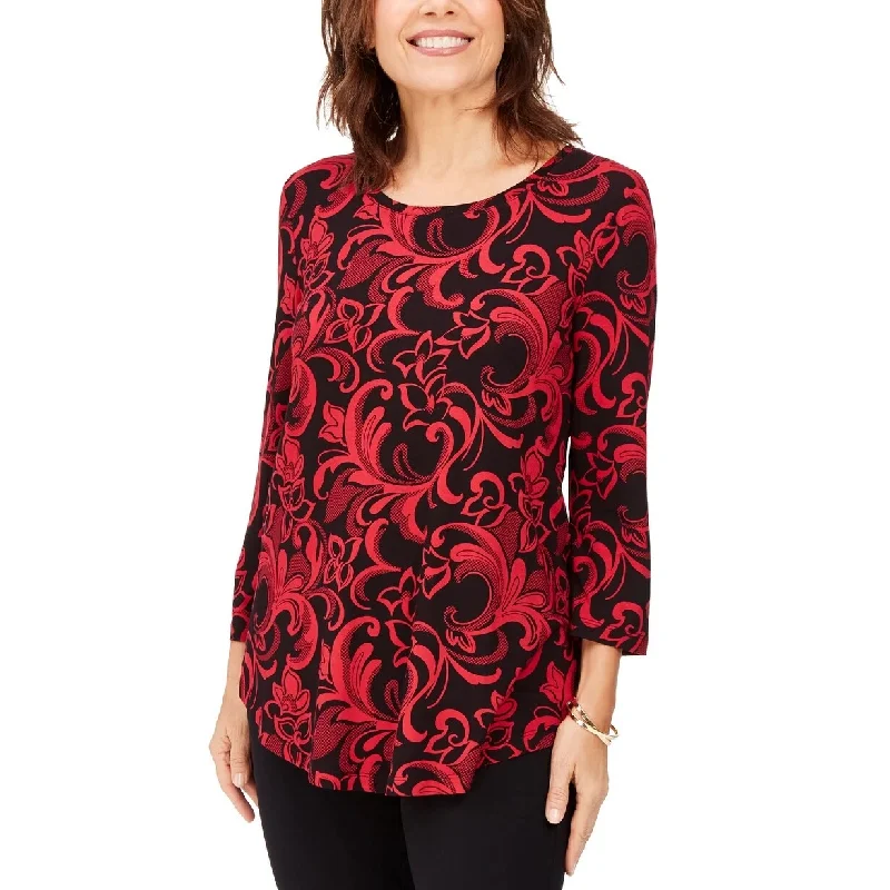 JM Collection Women's Printed 3/4 Sleeve T-Shirt Red Size Medium