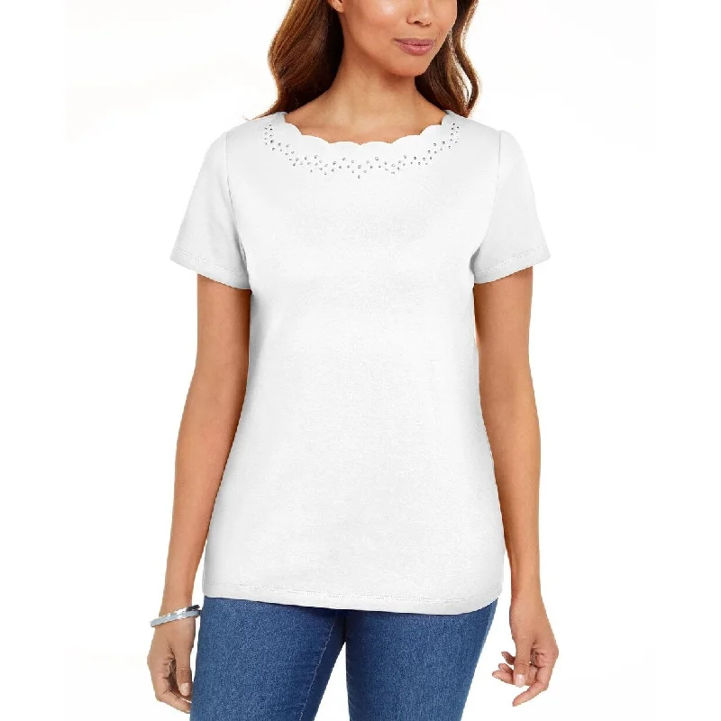 Karen Scott Women's Cotton Scalloped-Neck T-Shirt White Size Large