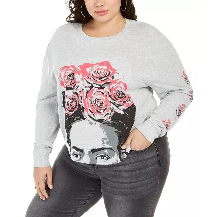 Love Tribe Women's Trendy Frida Roses Long Sleeve Cropped T-Shirt Grey Size 1X