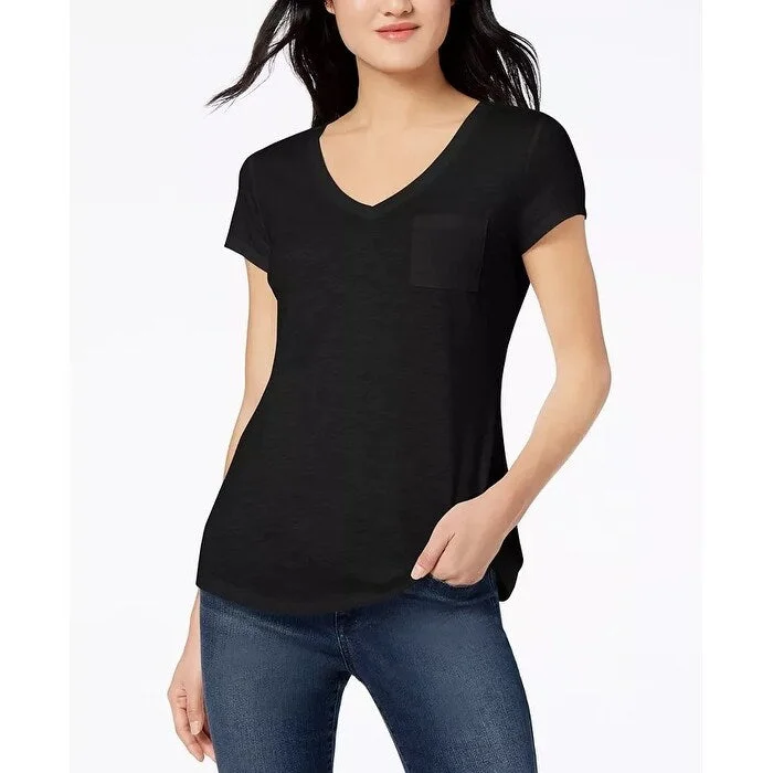 Maison Jules Women's V-Neck Patch-Pocket T-Shirt Black Size Small