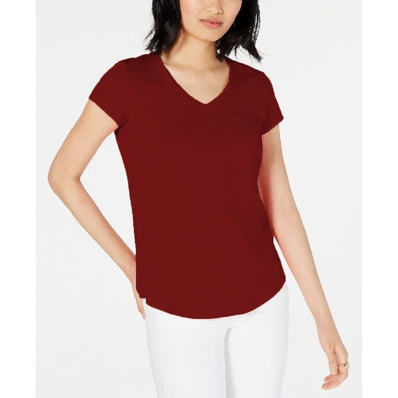 Maison Jules Women's V-Neck Patch-Pocket T-Shirt Wine Size Extra Small - X-Small