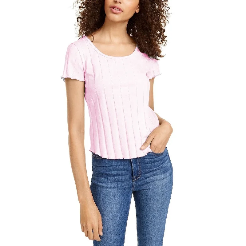 Pink Rose Juniors' Rib-Knit Lettuce-Edged T-Shirt Pink Size Large