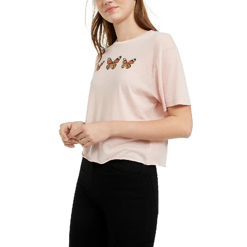 Rebellious One Juniors' Butterfly Cropped Graphic T-Shirt Pink Size Medium