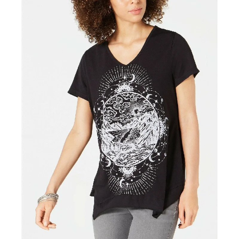 Style & Co Women's Graphic-Print Handkerchief-Hem T-Shirt Black Size Small