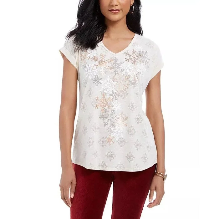 Style & Co.Women's Metallic Snowflake Graphic T-Shirt Gray Size Large