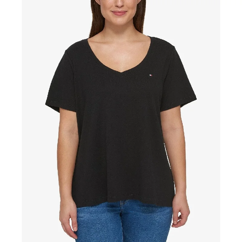 Tommy Hilfiger Women's Cotton V Neck T-Shirt Black Size 2X