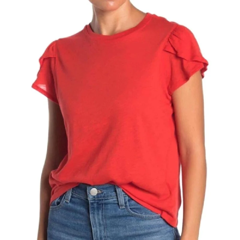 We The Free Women's Latte Cotton Ruffled T-Shirt Red Size Medium