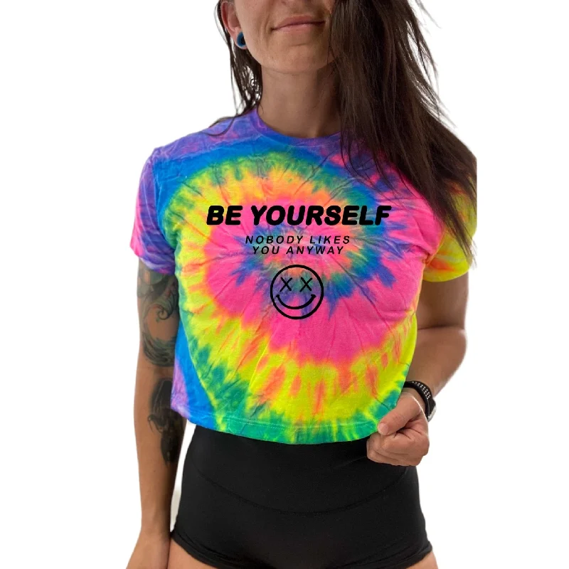 Salty Savage Ladies “Be Yourself” Spiral Tie Dye Crop Tee | In Your Face | Neon Tie Dye/Black