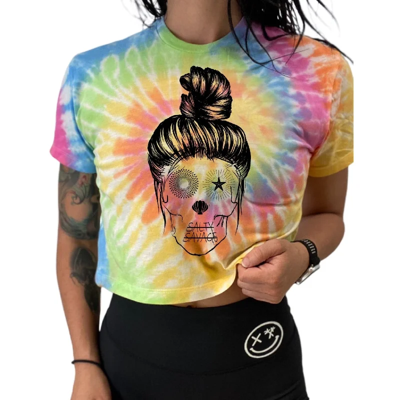 Salty Savage Ladies “Messy Bun Skull” Crop Tee | Tie Dye