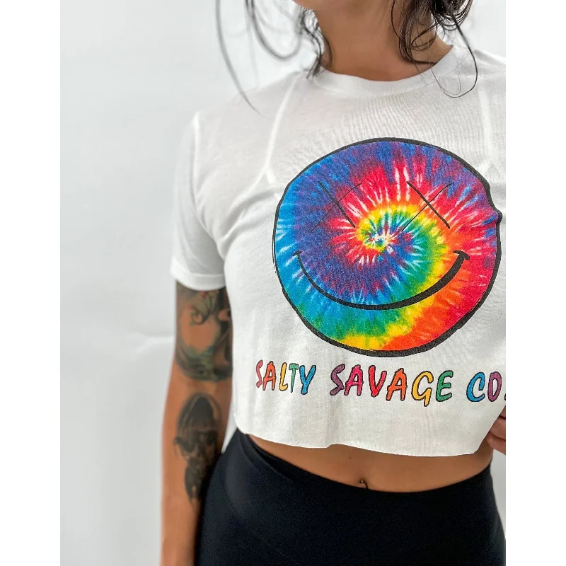 Salty Savage Ladies "Spiral Tie Dye OG Smile" Crop Tee