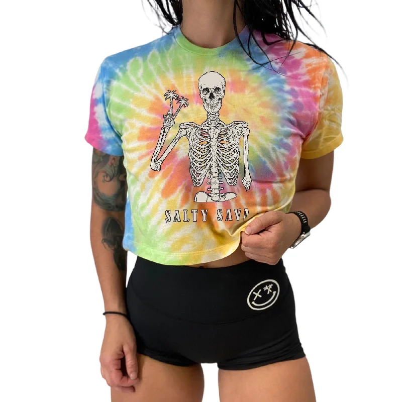 Salty Savage Ladies "Peace Skeleton” Spiral Tie Dye Crop Tee