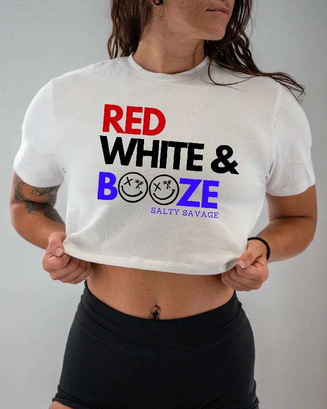 Salty Savage Ladies "RED WHITE & BOOZE" Beach Skull Performance Crop Tee