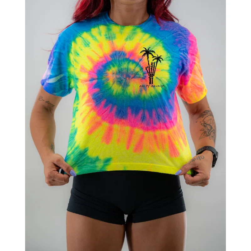 Salty Savage Ladies “Rock On” Spiral Tie Dye Crop Tee | Basic