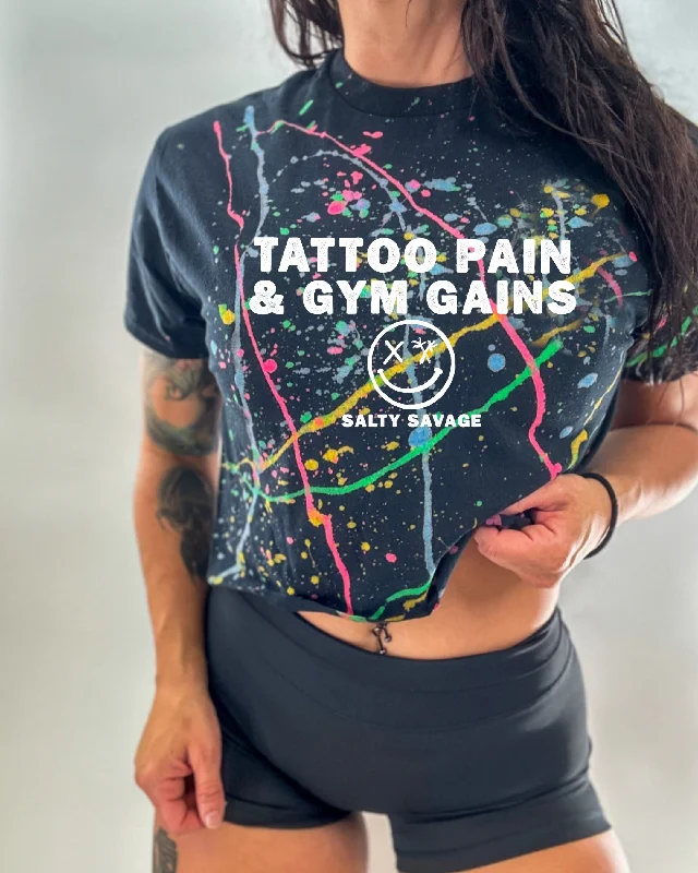 Salty Savage Ladies “TATTOO PAIN & GYM GAINS” Paint Splatter Crop Tee