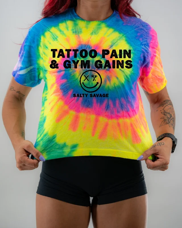 Salty Savage Ladies "TATTOO PAIN & GYM GAINS" Spiral Tie Dye Crop Tee