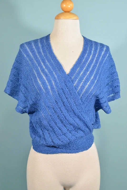 60s/70s Blue Knit Crop Top, Wrap Front M