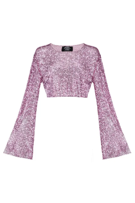 PINK RHINESTONE CROP TOP WITH FLARED SLEEVES